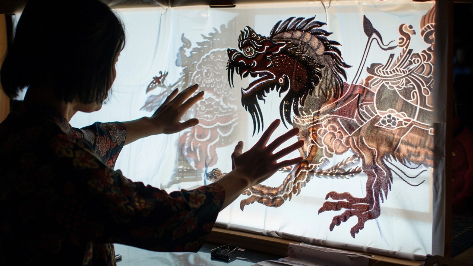 Shadow puppetry art on a lit screen