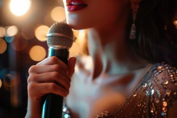 Singer holding a microphone under warm lights