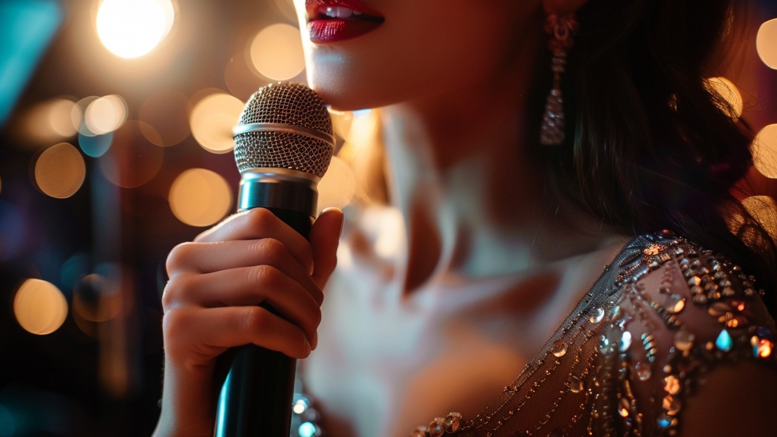 Singer holding a microphone under warm lights